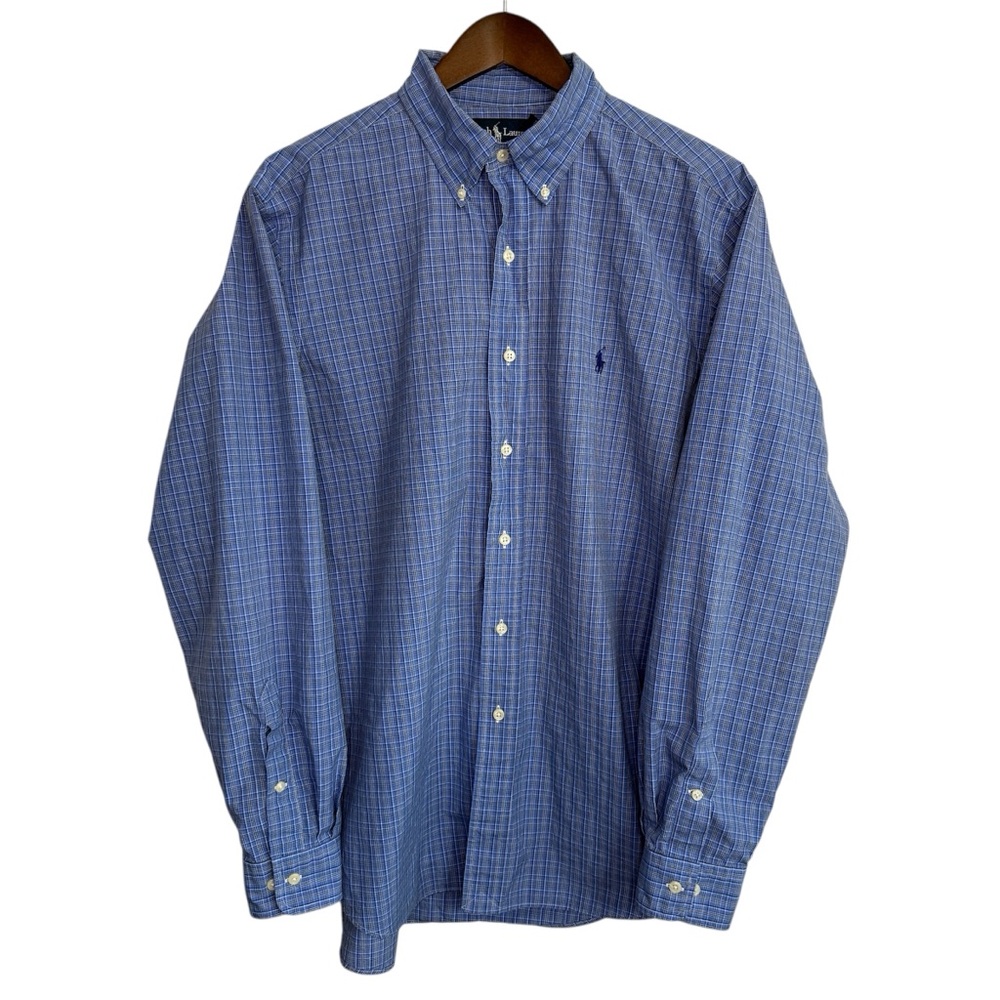 Ralph Lauren shirt mens large 16.5 blue plaid long sleeve button down classic